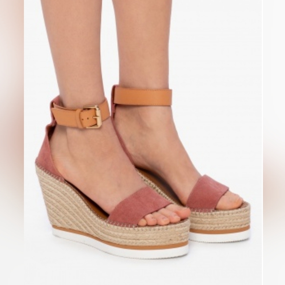 See By Chloe Pink Suede Espadrille Wedge Sandals with Tan Ankle Strap